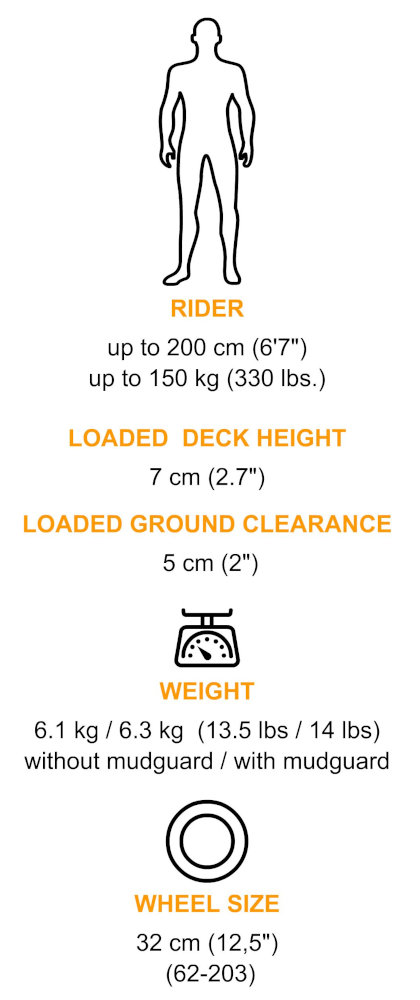 rider up to 200cm and 150kg, ground clearance 5cm, weight 6.1kg, wheel size 32cm