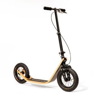 boardy scooter for adults with flexible wooden frame, three-quarter side view