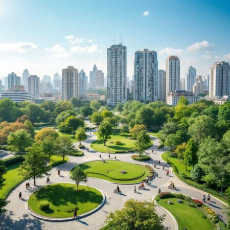 aerial view of a healthy green city with parks and people using eco-friendly wehicles
