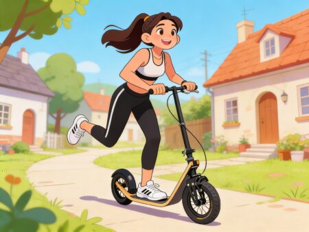 illustration for the note on gratitude journal prompts - showing a cheerful young woman riding a boardy scooter in a bright neighborhood, symbolizing small joys and arriving a little lighter.