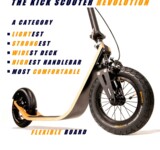 Kick Scooter Revolution boardy scooter product promo image with features listed around the model.