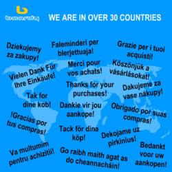Boardy Worldwide boardy graphic showing “thanks for your purchase” in multiple languages over a world map, highlighting presence in over 30 countries.