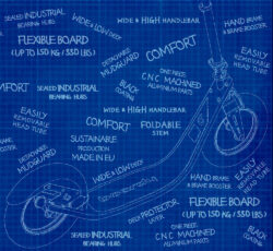 Key Features blueprint illustration of boardy adult scooter with labels of key features