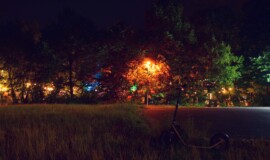 a softly lit boardy scooter among overgrown grass and distant glows