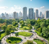 Urban Flow aerial view of a healthy green city with parks and people using eco-friendly wehicles, blending movement and green space.